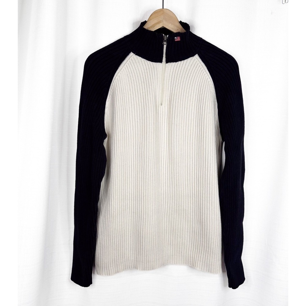 Vintage Polo Jeans Co Ralph Lauren Sweater Men L Cream Navy Quarter Zip Cotton